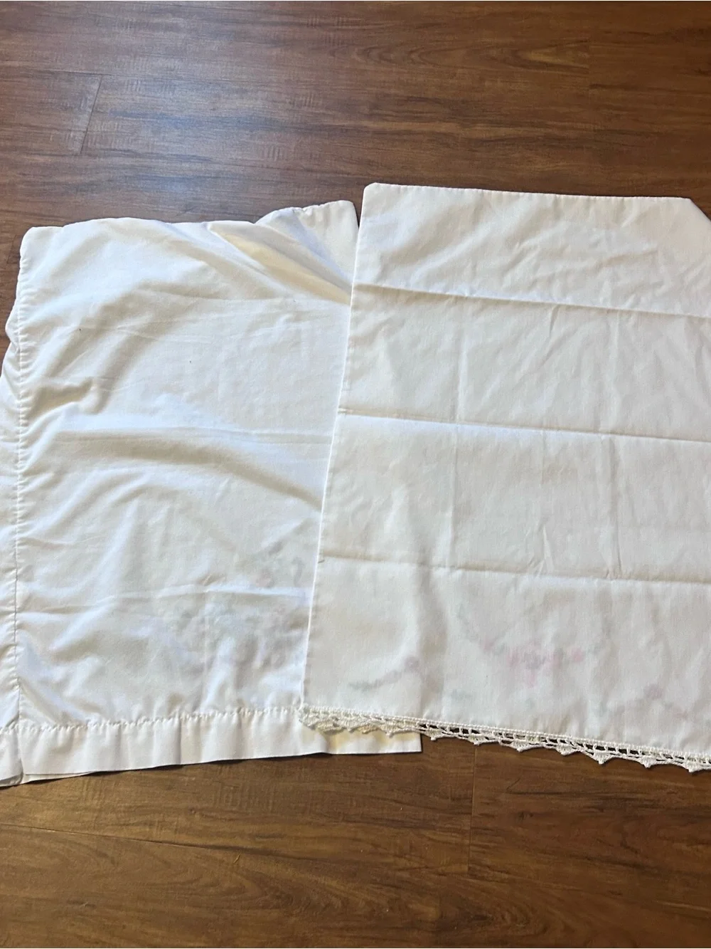 Vintage White Pillowcase with Pink, Purple and Green Floral Embroidery pair